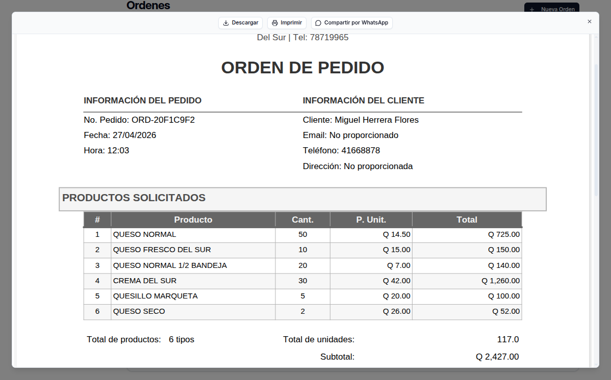 Comprobante de pedido con botón Compartir por WhatsApp